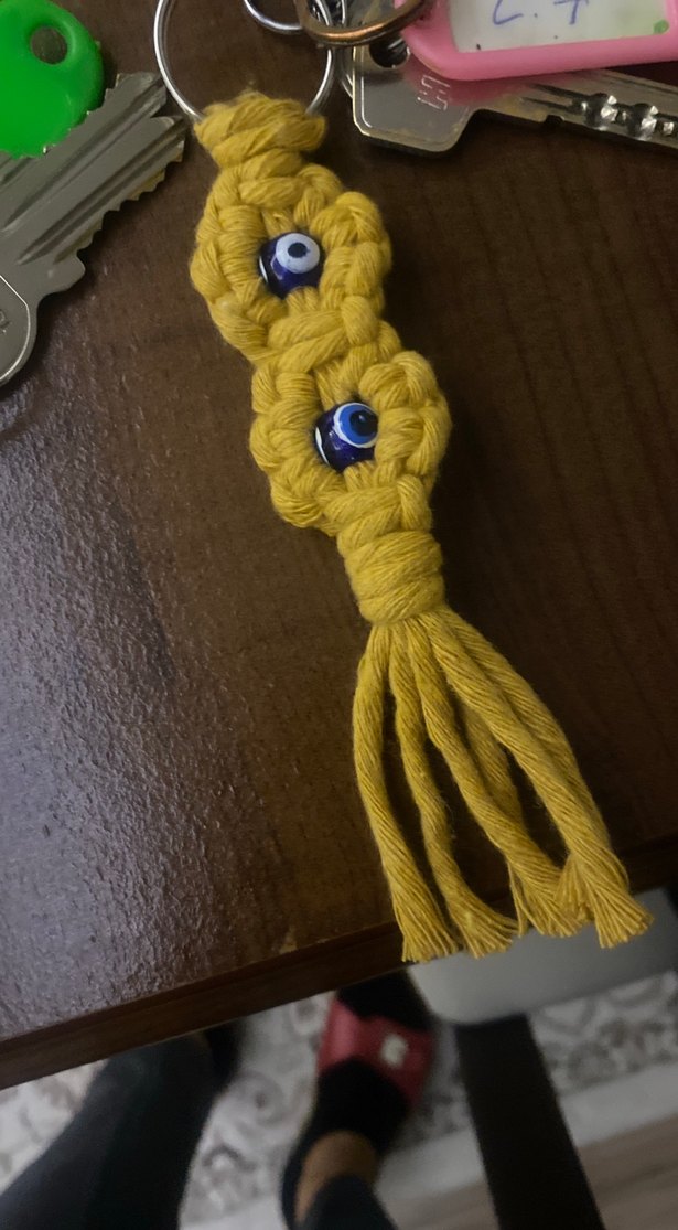 Bej Makrome Püsküllü Bohem Anahtarlık - Görsel 3