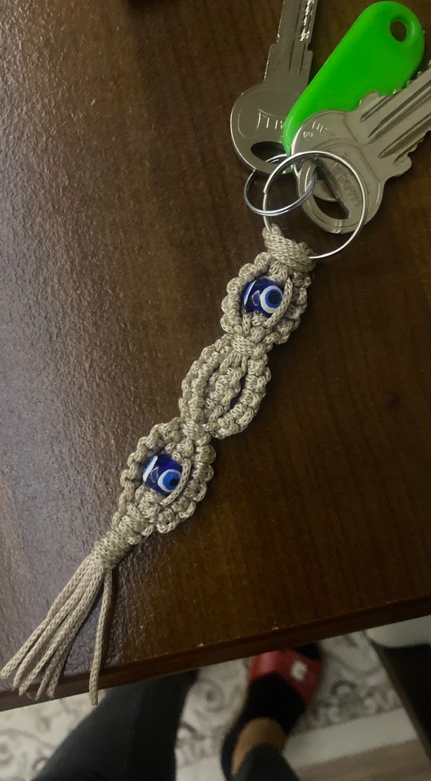 Bej Makrome Püsküllü Bohem Anahtarlık - Görsel 2