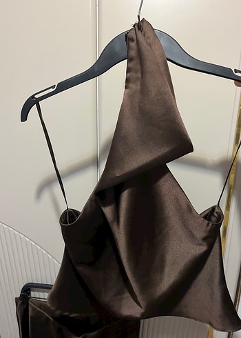Zara Kadın Kahverengi Uzun Drapeli Saten takım - Görsel 3
