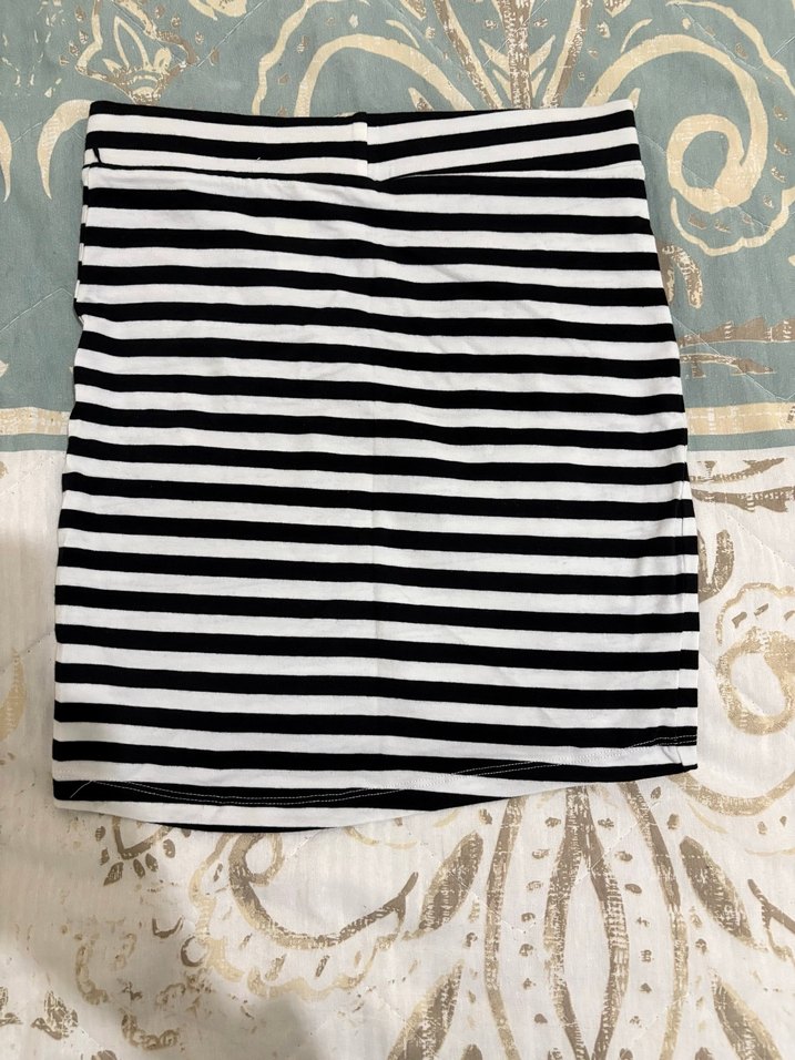 Beyaz Siyah Çizgili Midi Kadın Etek - Görsel 2
