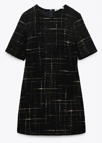 Siyah Gold Efektli Kısa Kollu Tüvit Elbise - Görsel 2