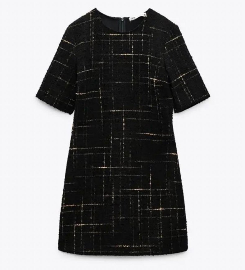 Siyah Gold Efektli Kısa Kollu Tüvit Elbise - Görsel 2