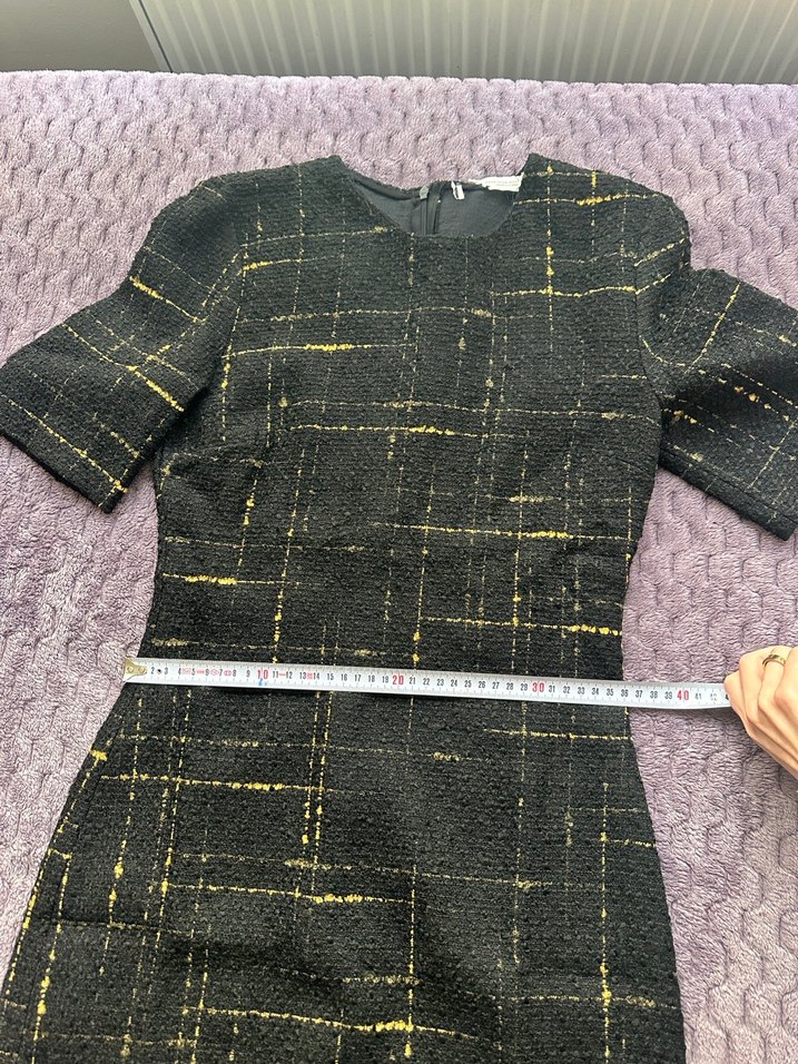 Siyah Gold Efektli Kısa Kollu Tüvit Elbise - Görsel 3