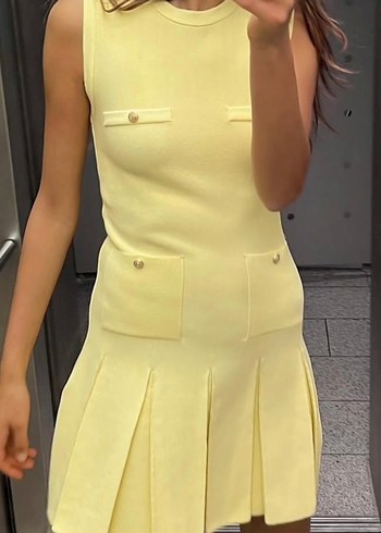 Zara Sarı Pilili Kolsuz Midi Triko Elbise - Görsel 2