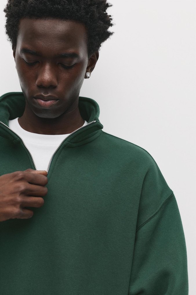 Erkek Pull&Bear Yeşil Fermuarlı Sweatshirt - Görsel 3