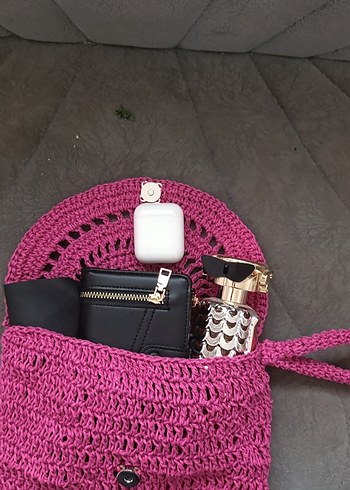 Renkli Nakışlı Pembe Örgü Mini Çanta