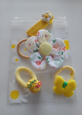 Çiçek Desenli Sarı Elastik Saç Tokası Seti - Görsel 2