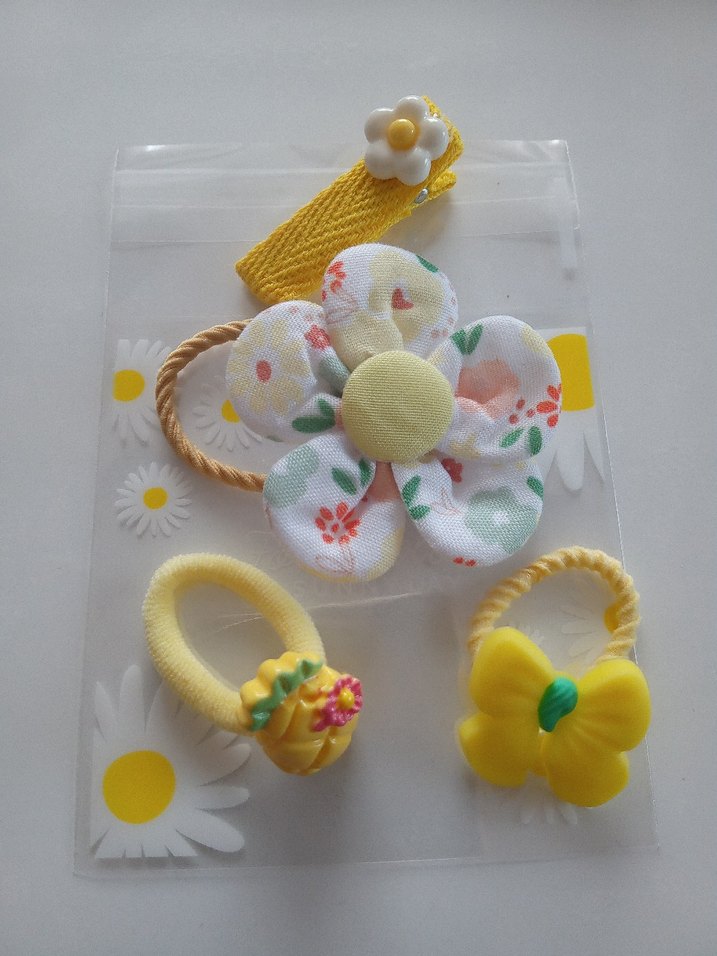 Çiçek Desenli Sarı Elastik Saç Tokası Seti - Görsel 2