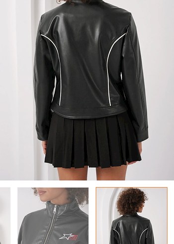 Siyah Parlak Biker Deri Ceket - Görsel 2