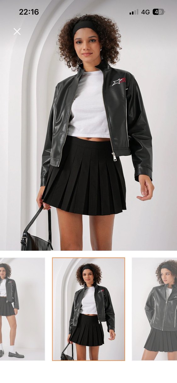 Siyah Parlak Biker Deri Ceket - Görsel 3