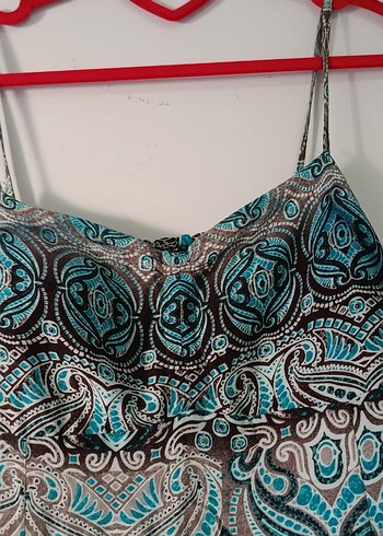 Turkuaz Desenli Askılı Uzun Bohem Elbise - Görsel 2