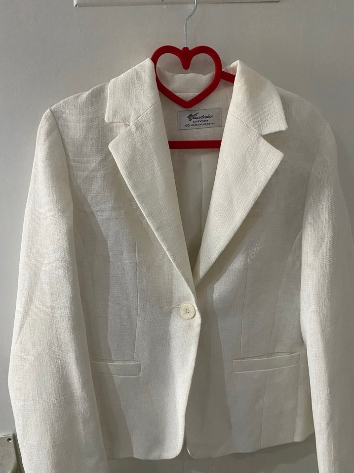 Beyaz Keten Kadın Blazer Ceket - Görsel 3