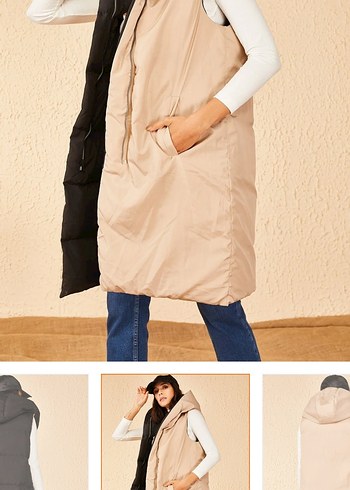 Kürklü Uzun Siyah Kadın Şişme Yelek - Görsel 2