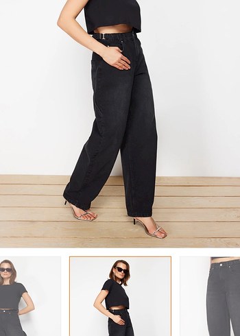 Siyah Kemerli Bol Kesim Kot Pantolon - Görsel 4