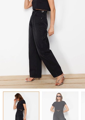 Siyah Kemerli Bol Kesim Kot Pantolon - Görsel 3