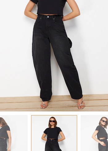 Siyah Kemerli Bol Kesim Kot Pantolon - Görsel 2