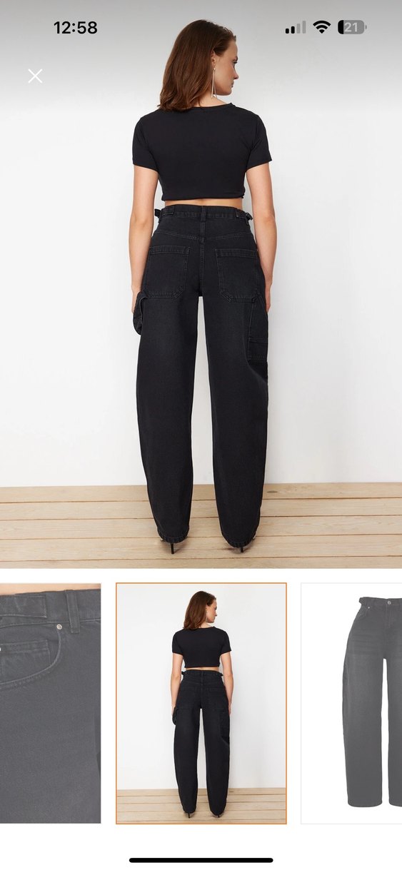 Siyah Kemerli Bol Kesim Kot Pantolon - Görsel 5