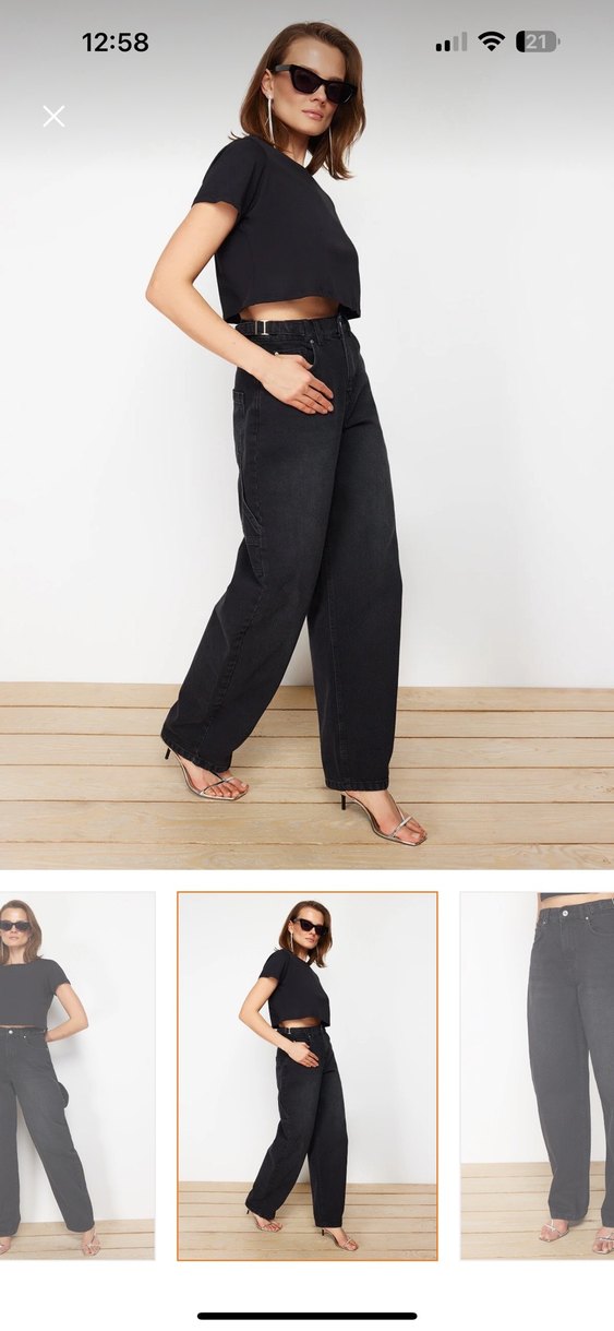 Siyah Kemerli Bol Kesim Kot Pantolon - Görsel 4