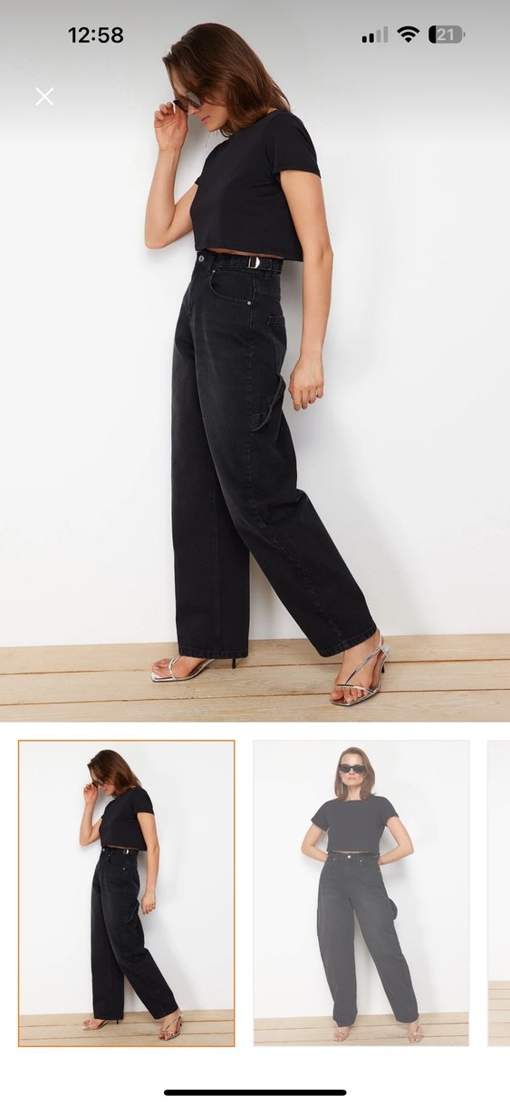 Siyah Kemerli Bol Kesim Kot Pantolon - Görsel 3