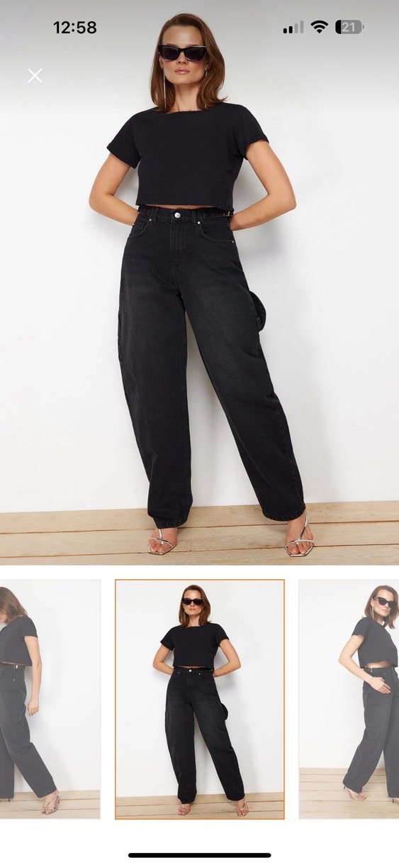 Siyah Kemerli Bol Kesim Kot Pantolon - Görsel 2