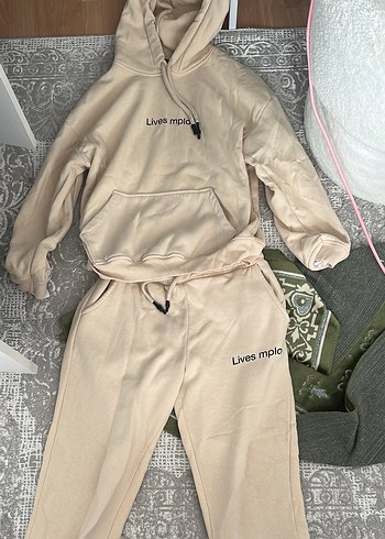 Bej Kapüşonlu Oversize Kız Eşofman Takımı - Görsel 2