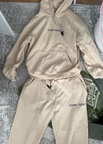 Bej Kapüşonlu Oversize Kız Eşofman Takımı - Görsel 3