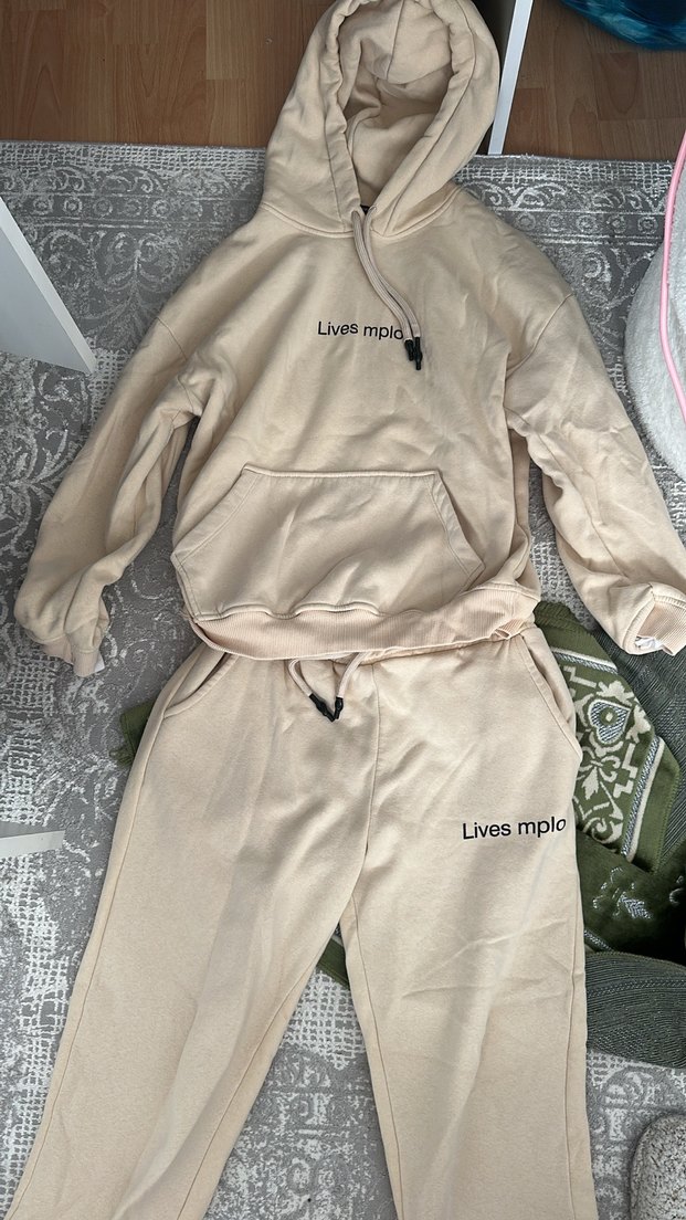 Bej Kapüşonlu Oversize Kız Eşofman Takımı - Görsel 3