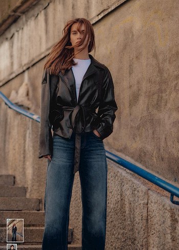 Siyah Kemerli Mini Deri Biker Ceket - Görsel 2