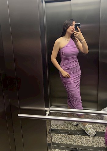 Parlak Mor Drapeli Midi Boy Elbise