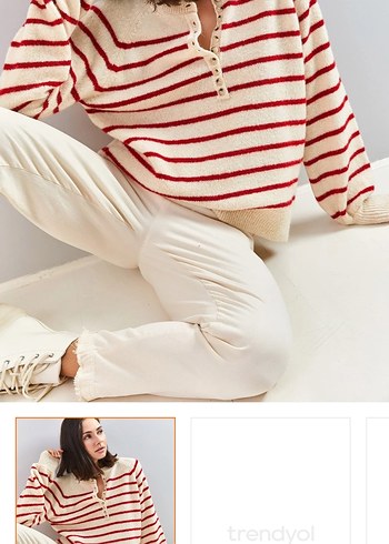 Krem Kırmızı Çizgili Kadın Triko Kazak - Görsel 2