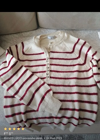 Krem Kırmızı Çizgili Kadın Triko Kazak - Görsel 4