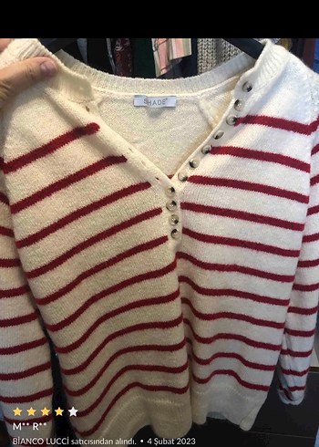 Krem Kırmızı Çizgili Kadın Triko Kazak - Görsel 3