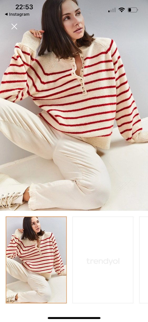 Krem Kırmızı Çizgili Kadın Triko Kazak - Görsel 2