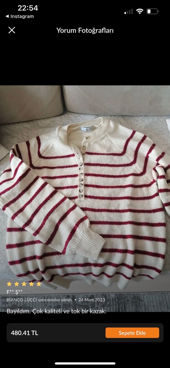 Krem Kırmızı Çizgili Kadın Triko Kazak - Görsel 4