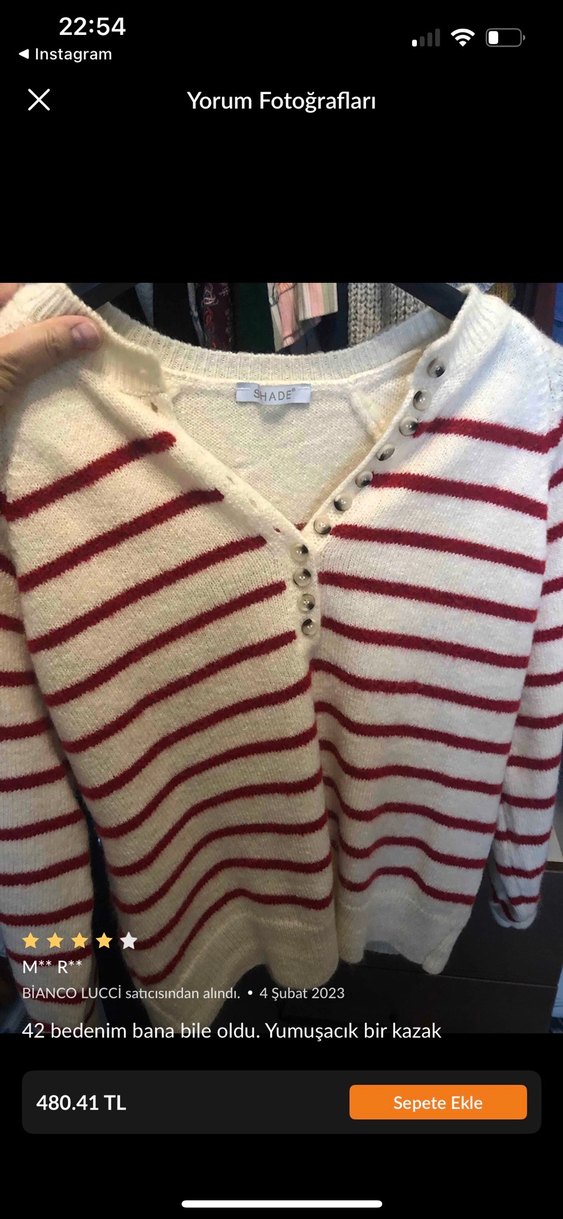 Krem Kırmızı Çizgili Kadın Triko Kazak - Görsel 3