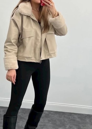 Kürklü Bej Deri Kadın Ceket - Görsel 2