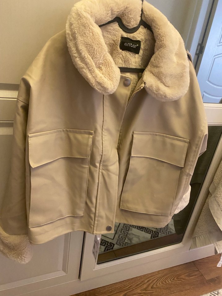 Kürklü Bej Deri Kadın Ceket - Görsel 4