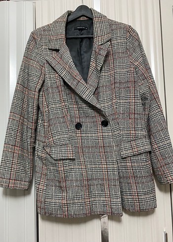 Düğmeli Gri Ekose Mini Kadın Blazer - Görsel 3