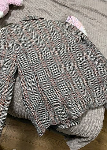 Düğmeli Gri Ekose Mini Kadın Blazer - Görsel 4