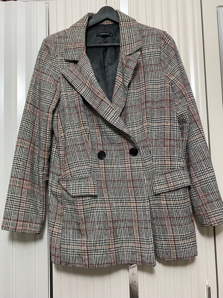 Düğmeli Gri Ekose Mini Kadın Blazer - Görsel 3