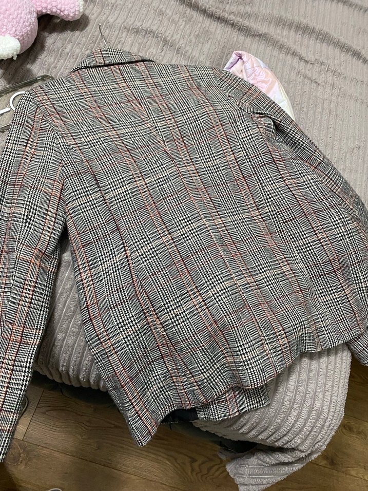 Düğmeli Gri Ekose Mini Kadın Blazer - Görsel 4