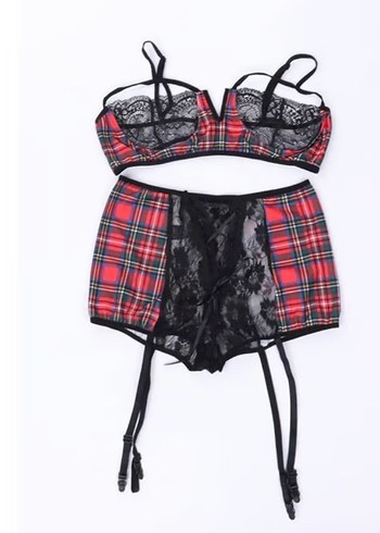Siyah Kırmızı Ekose Gothic Sütyen ve Korse Takım - Görsel 3