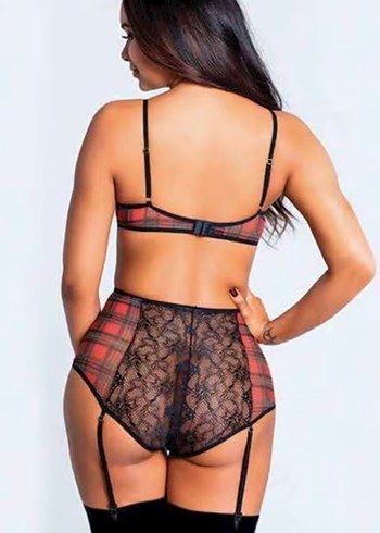 Siyah Kırmızı Ekose Gothic Sütyen ve Korse Takım - Görsel 2