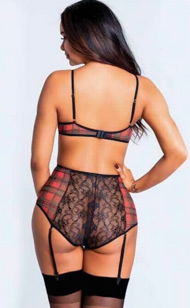 Siyah Kırmızı Ekose Gothic Sütyen ve Korse Takım - Görsel 2