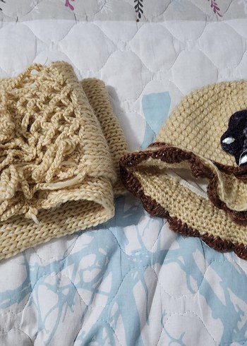 Nakışlı Bohem Bej yetişkin  Bere ve Atkı Seti - Görsel 5