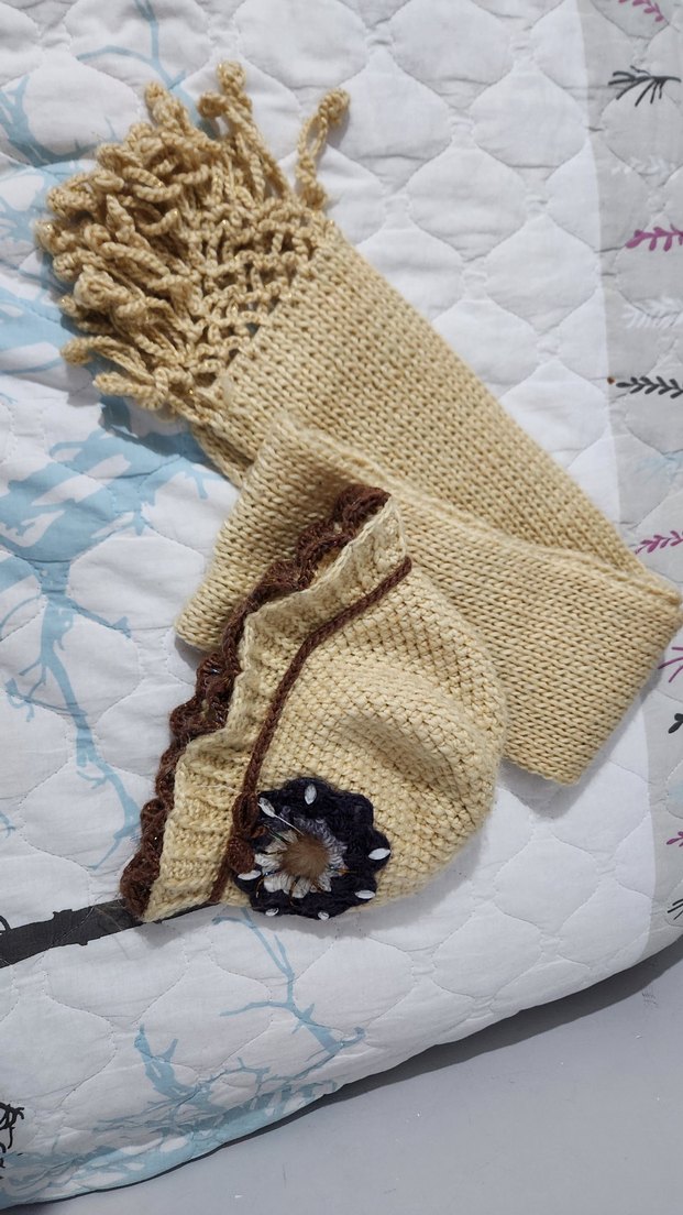 Nakışlı Bohem Bej yetişkin  Bere ve Atkı Seti - Görsel 3