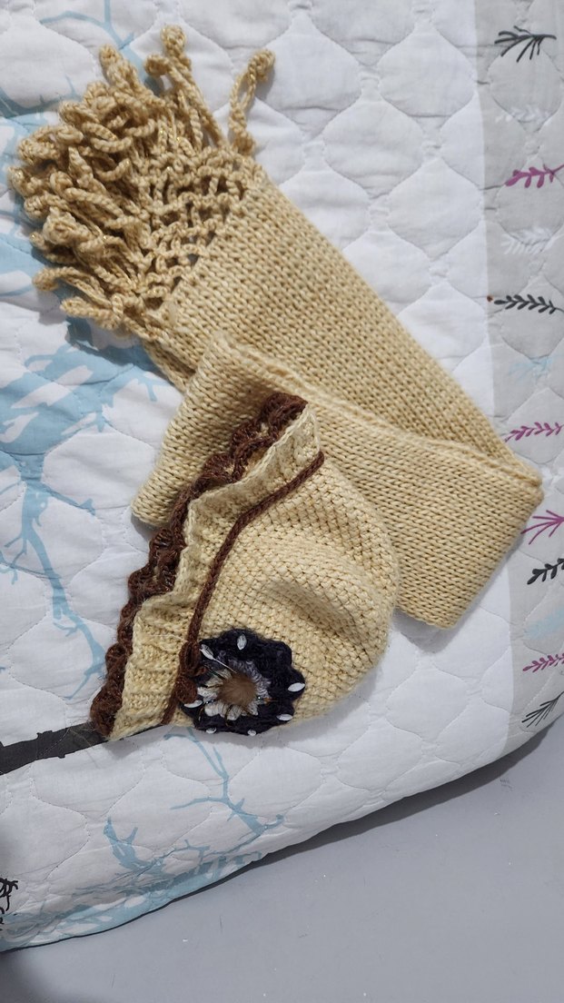 Nakışlı Bohem Bej yetişkin  Bere ve Atkı Seti - Görsel 2