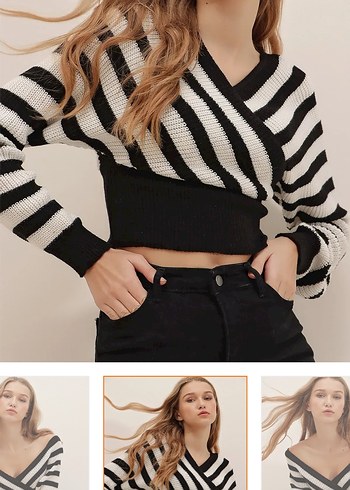 Zebra Desenli V Yaka Örgü Mini Kazak