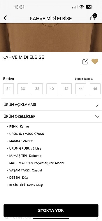 34 Beden kahverengi Renk Kahve Midi Elbise Vakko