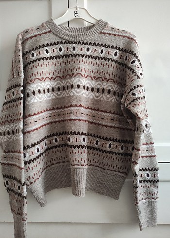 Bej Bohem Desenli Örgü Kadın Kazak - Görsel 4